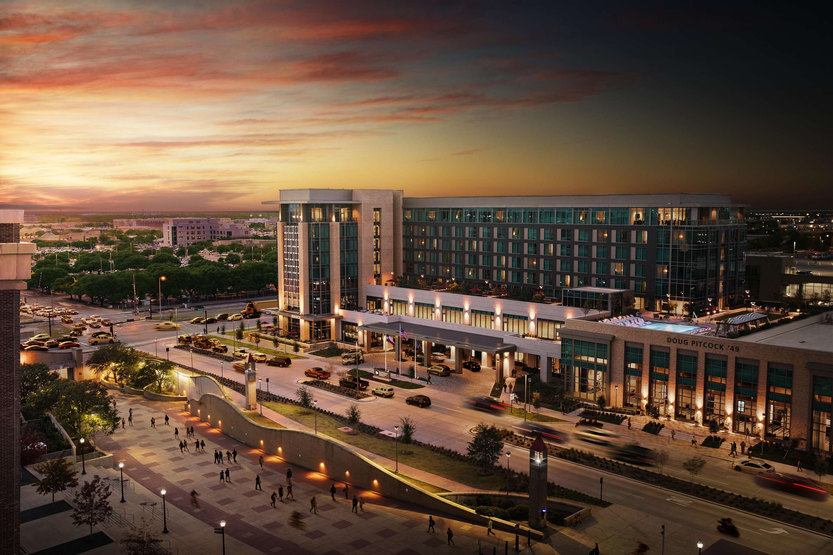 exterior shot at dusk | Texas A&M Hotel and Conference Center