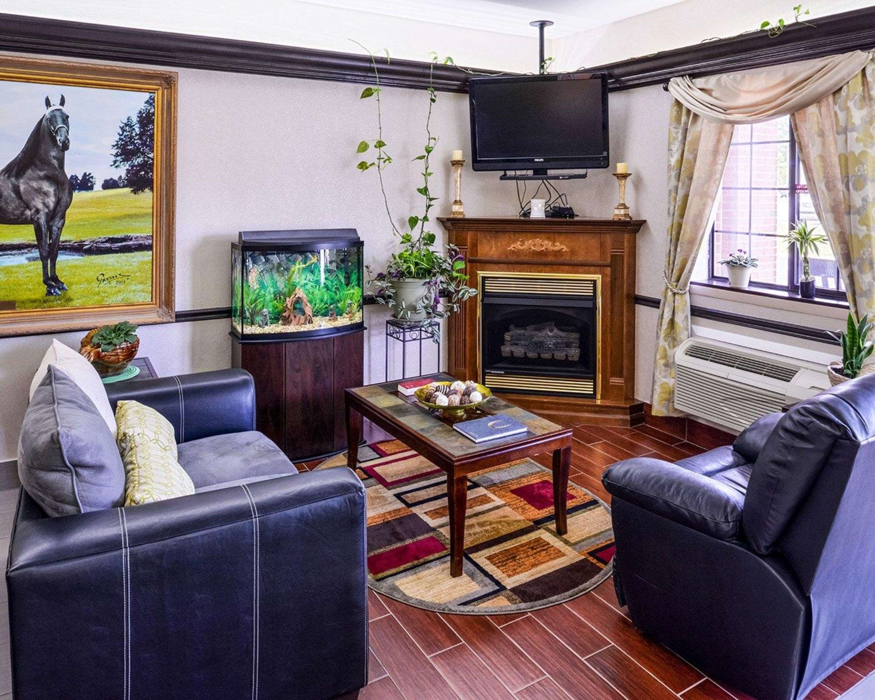 Relax by the fireplace in the lobby