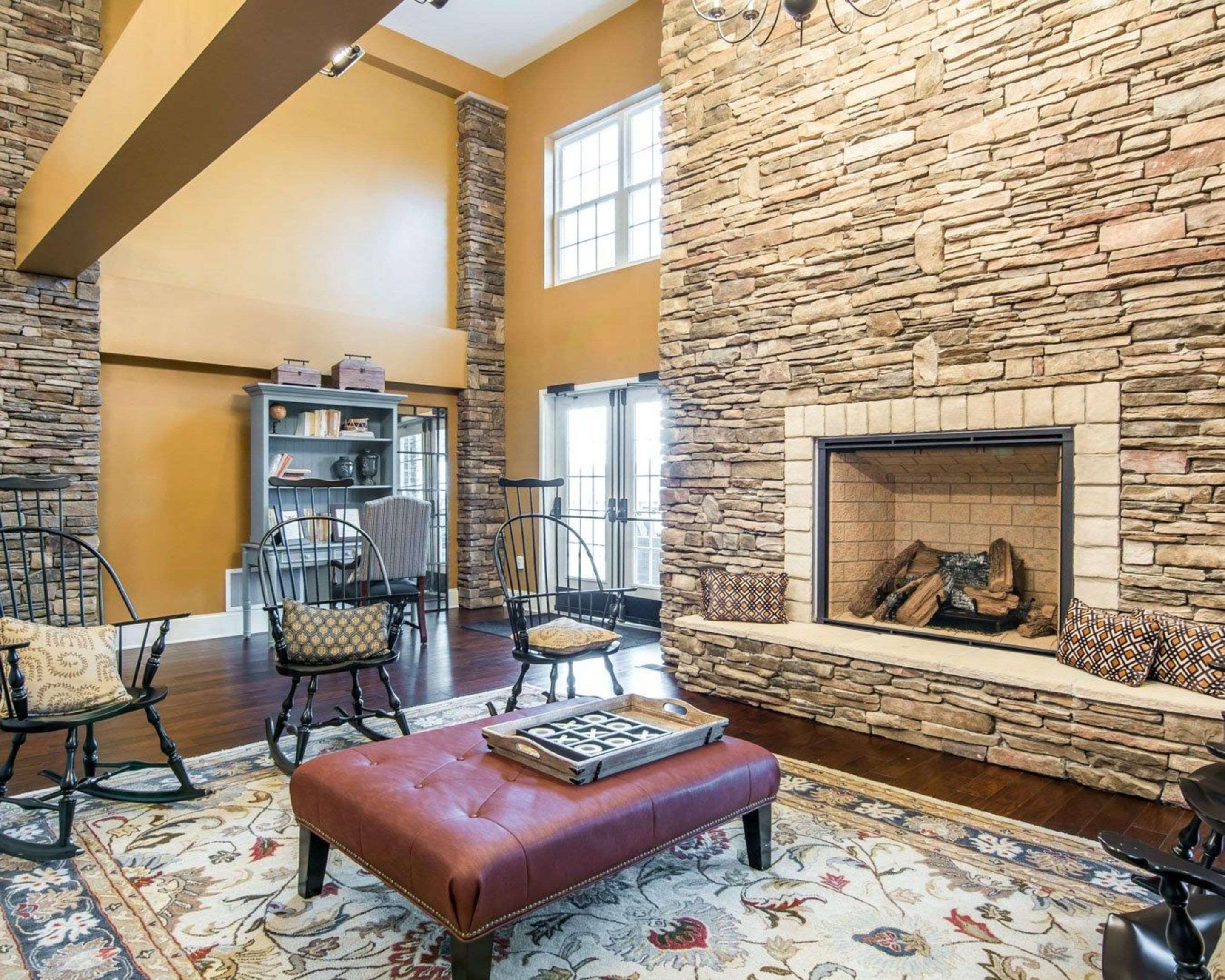 Lobby with fireplace