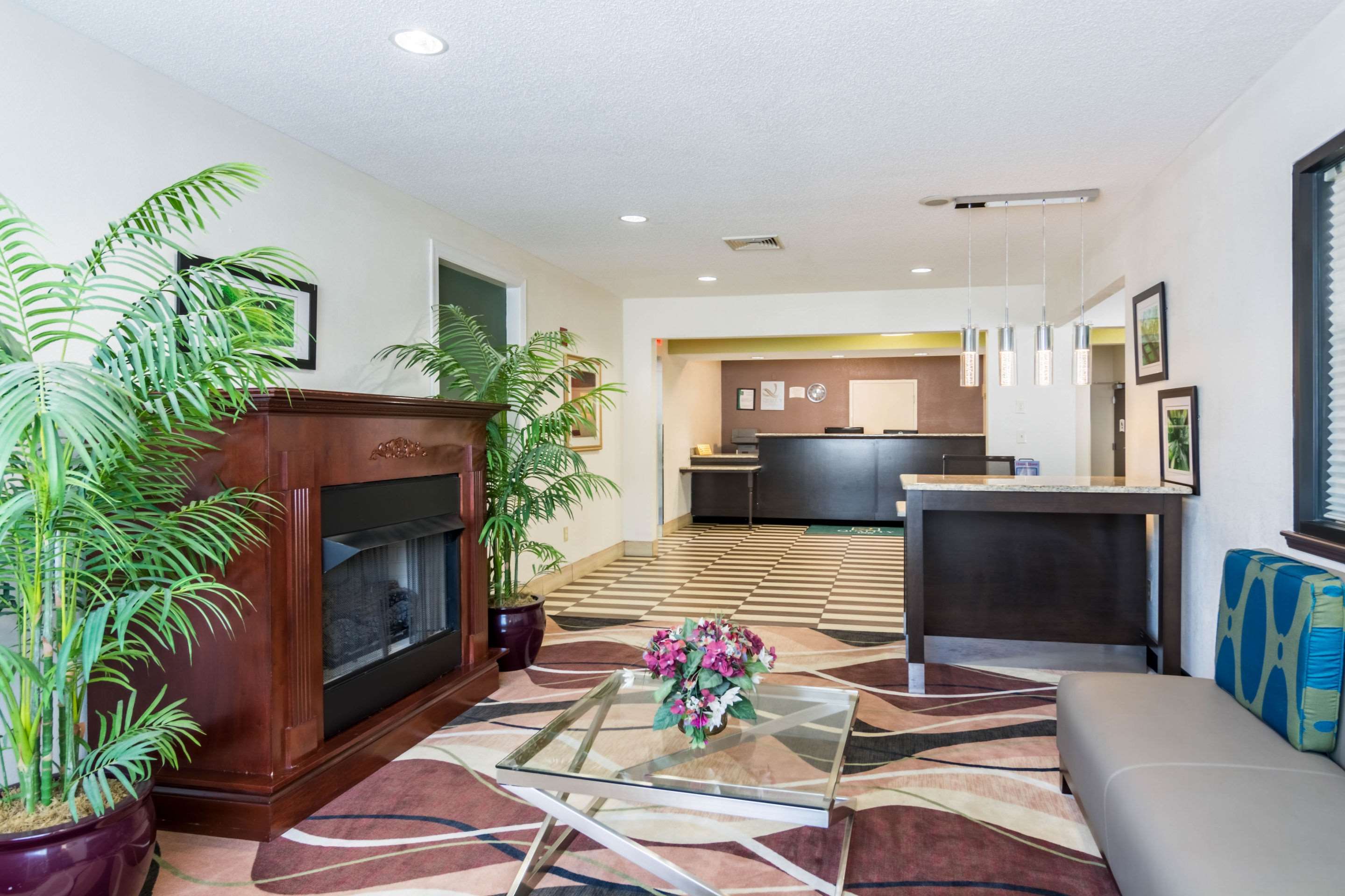 Relax by the lobby fireplace