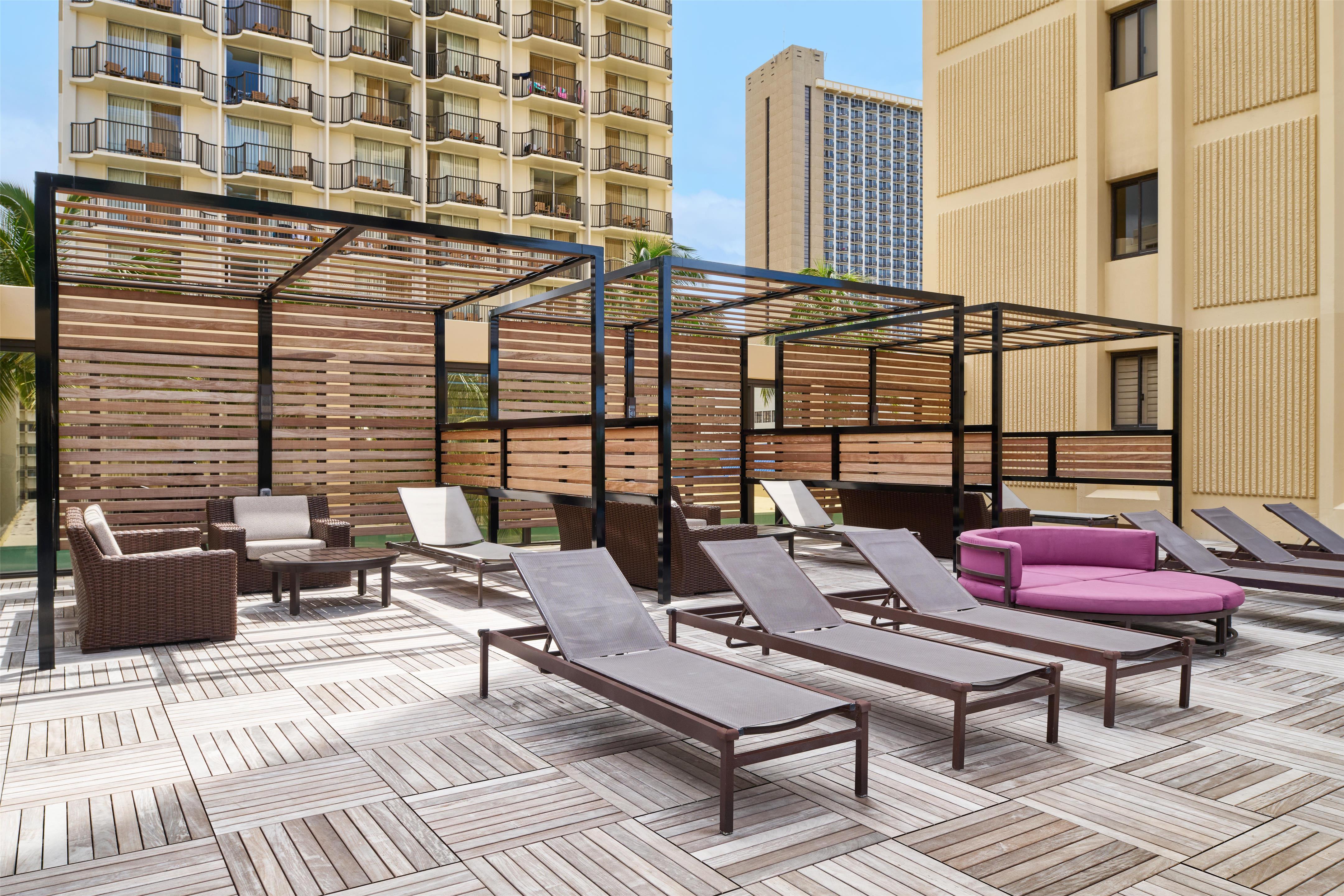 Aston Waikiki Beach Tower - 4th Floor Deck with Cabana Area | Aston Waikiki Beach Hotel