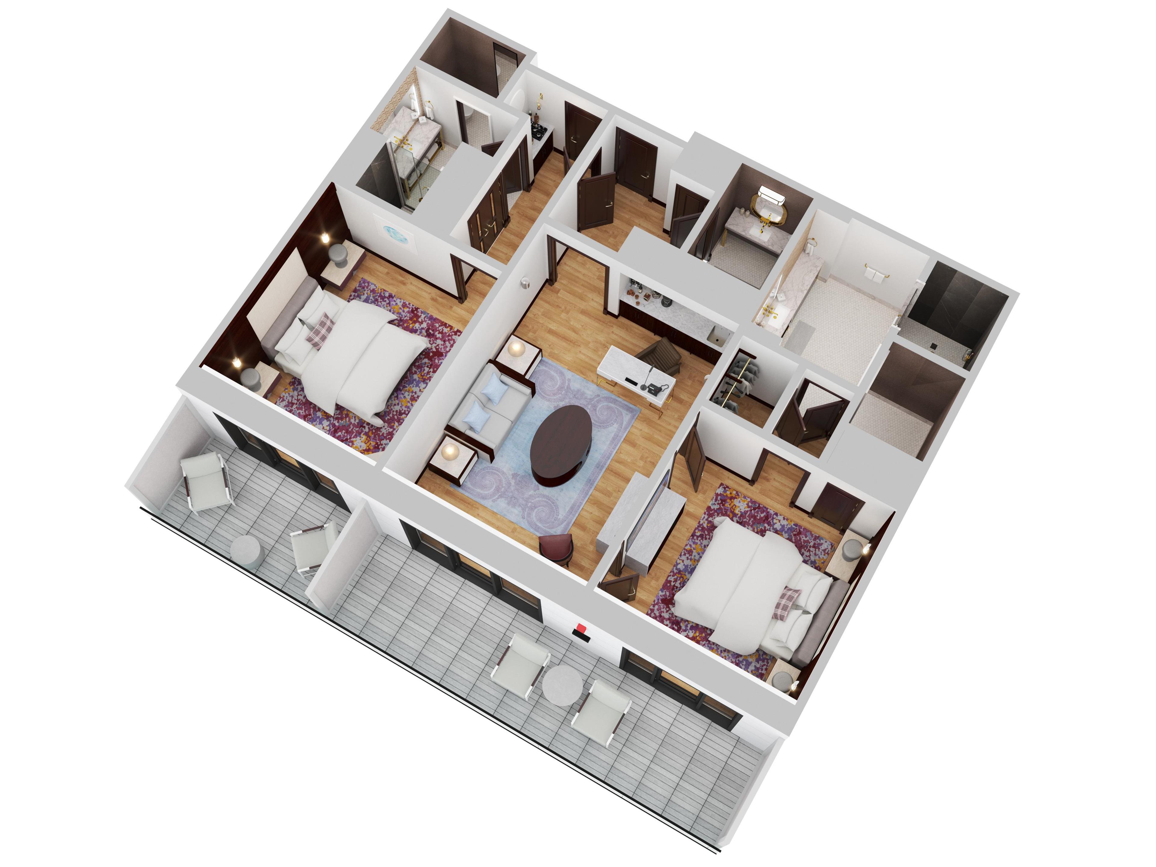 PBM Floor Plan Two Bedroom Harbor Suite Top Down View | Pendry Baltimore