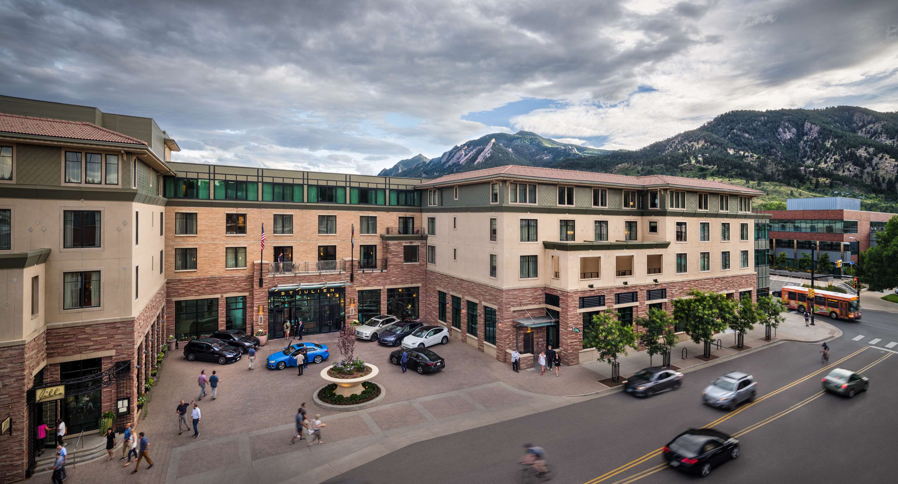 Birds eye view of St Julien Hotel and Spa with the Flatirons as a backdrop | St Julien Hotel and Spa