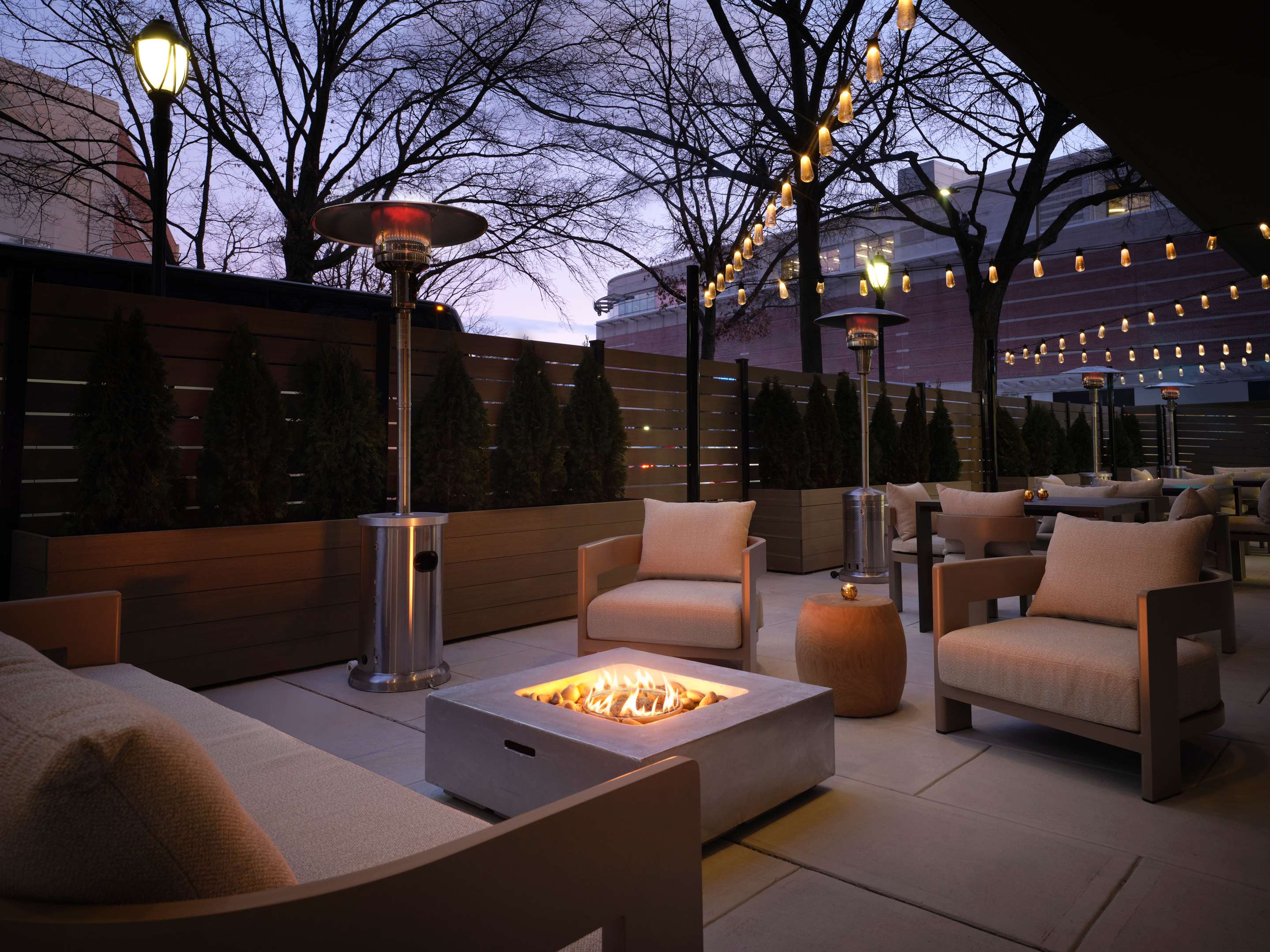 SHR WhitePlains Exterior OutdoorPatio Twilight FirePit