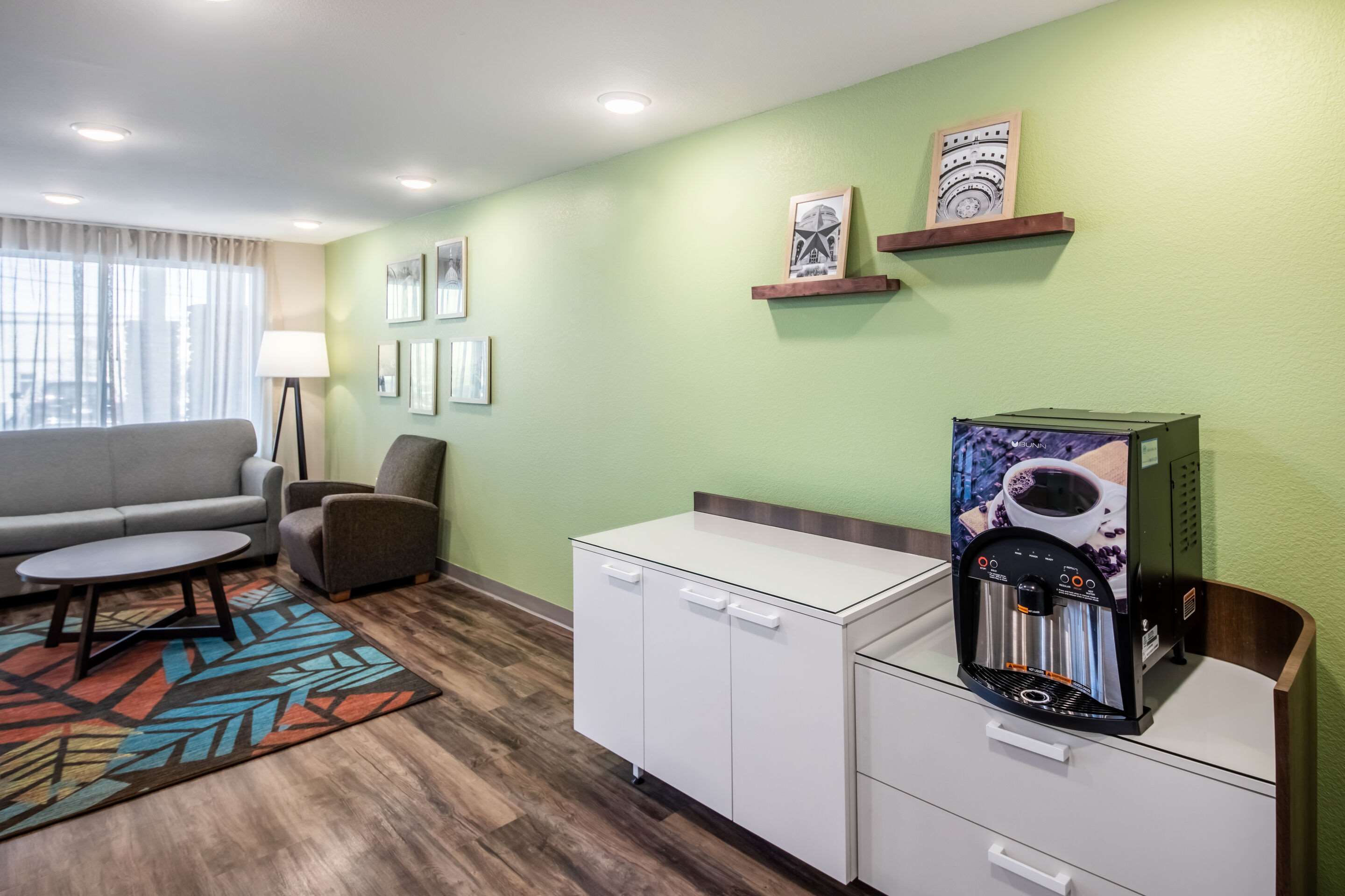 Enjoy coffee in the lobby | WoodSpring Suites Round Rock-Austin North
