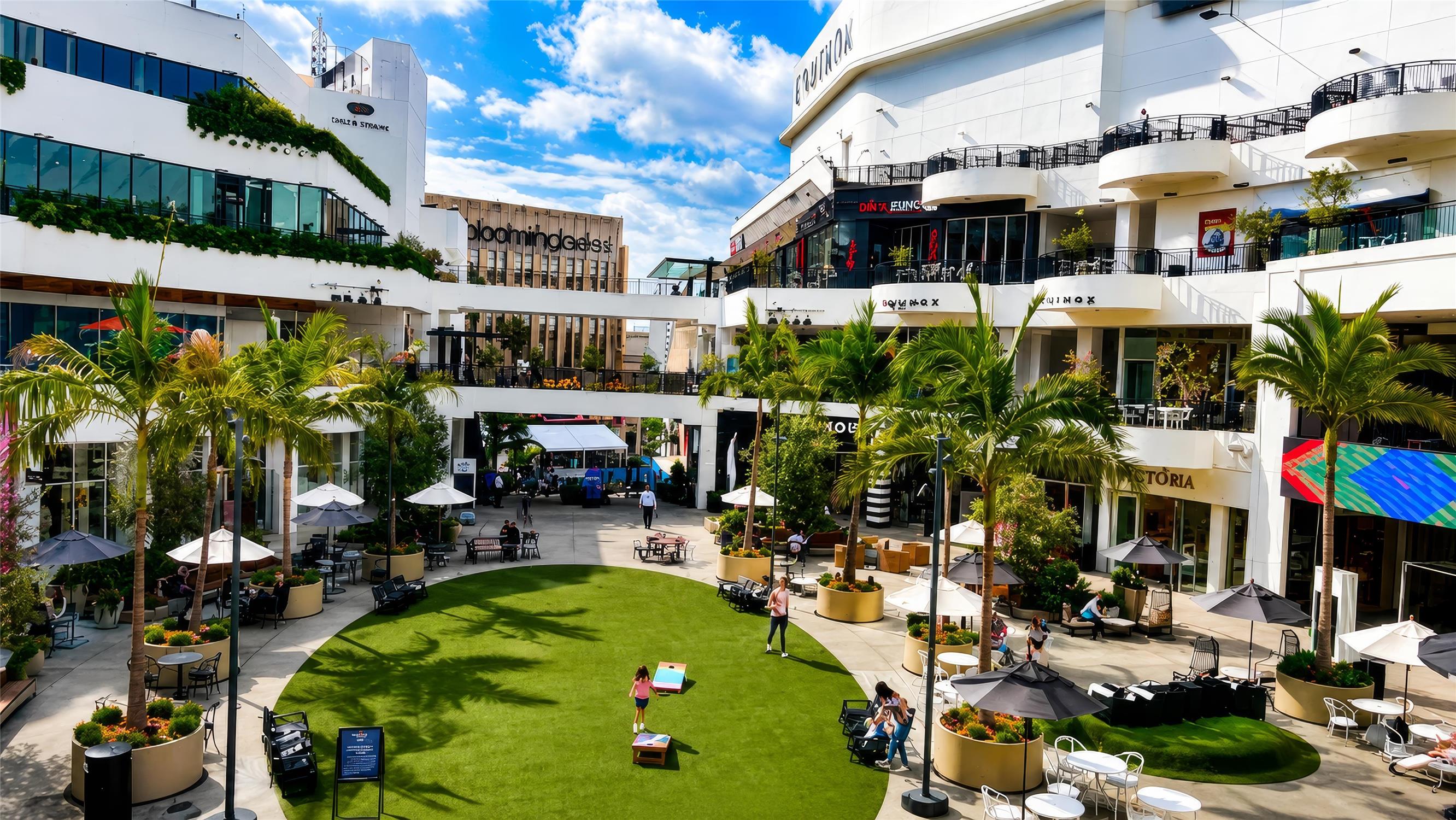 A large outdoor courtyard with a grass area, palm trees, and white buildings