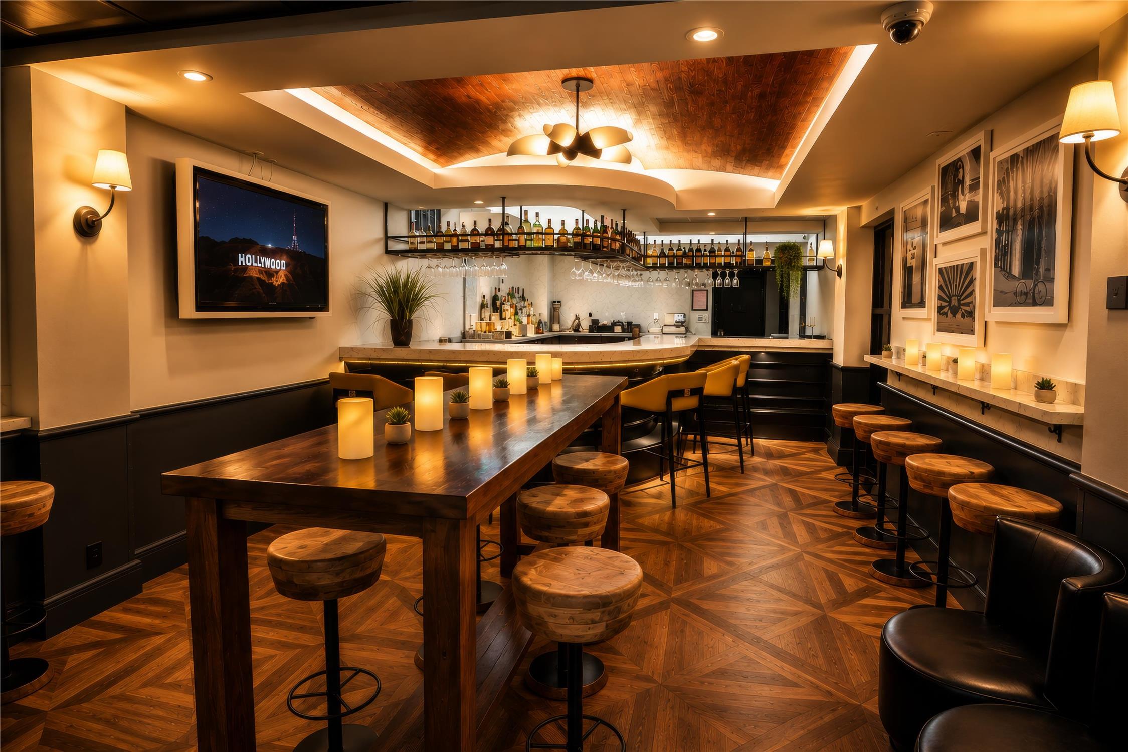 A dimly lit bar with a wooden table and stools, a bar counter with bottles, and a TV on the wall.