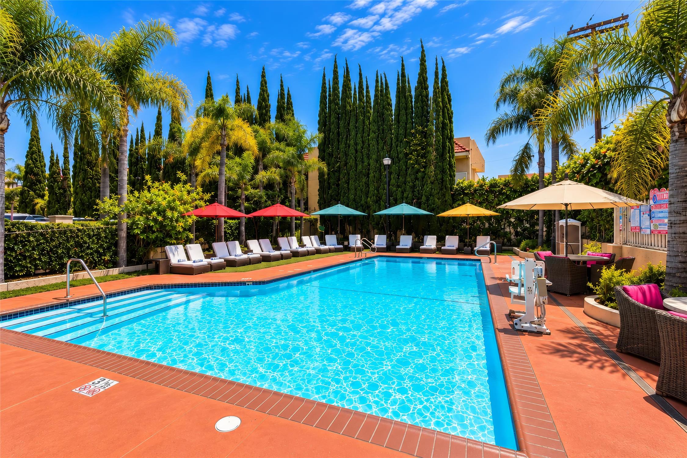 A rectangular swimming pool with a terracotta deck, surrounded by lounge chairs, umbrellas, and palm trees.