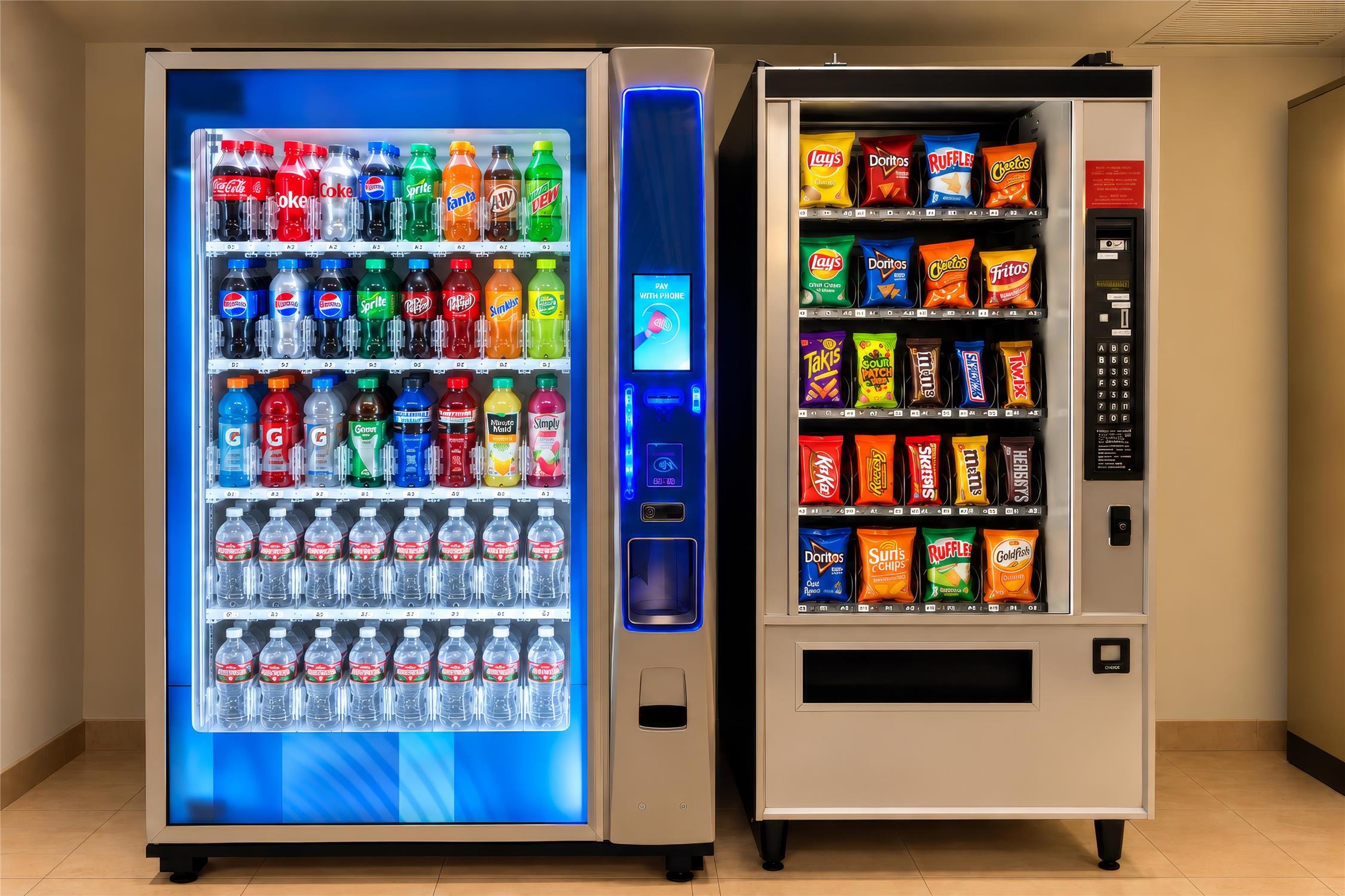Two vending machines, one for drinks and one for snacks