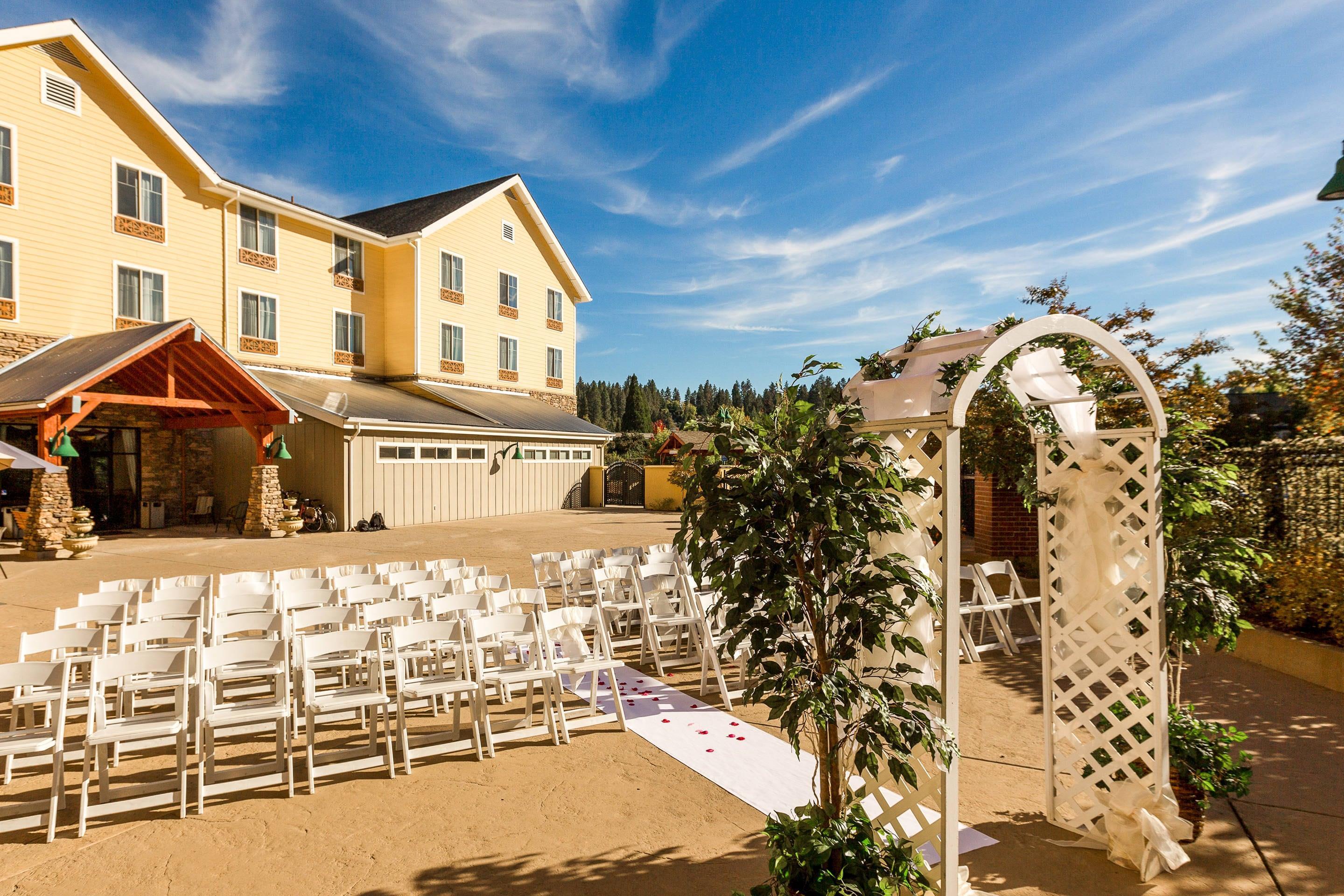 Outside patio setup for wedding | Gold Miners Inn Grass Valley, Ascend Hotel Collection