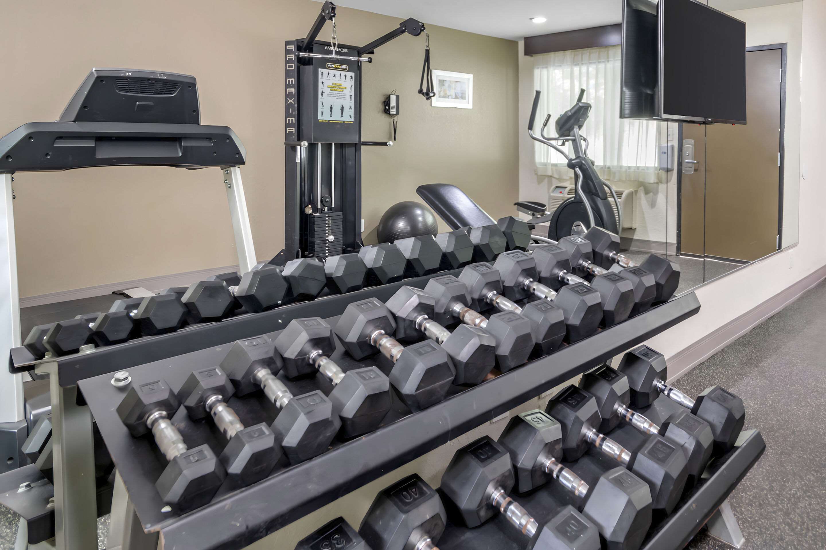 Exercise room with cardio equipment and weights