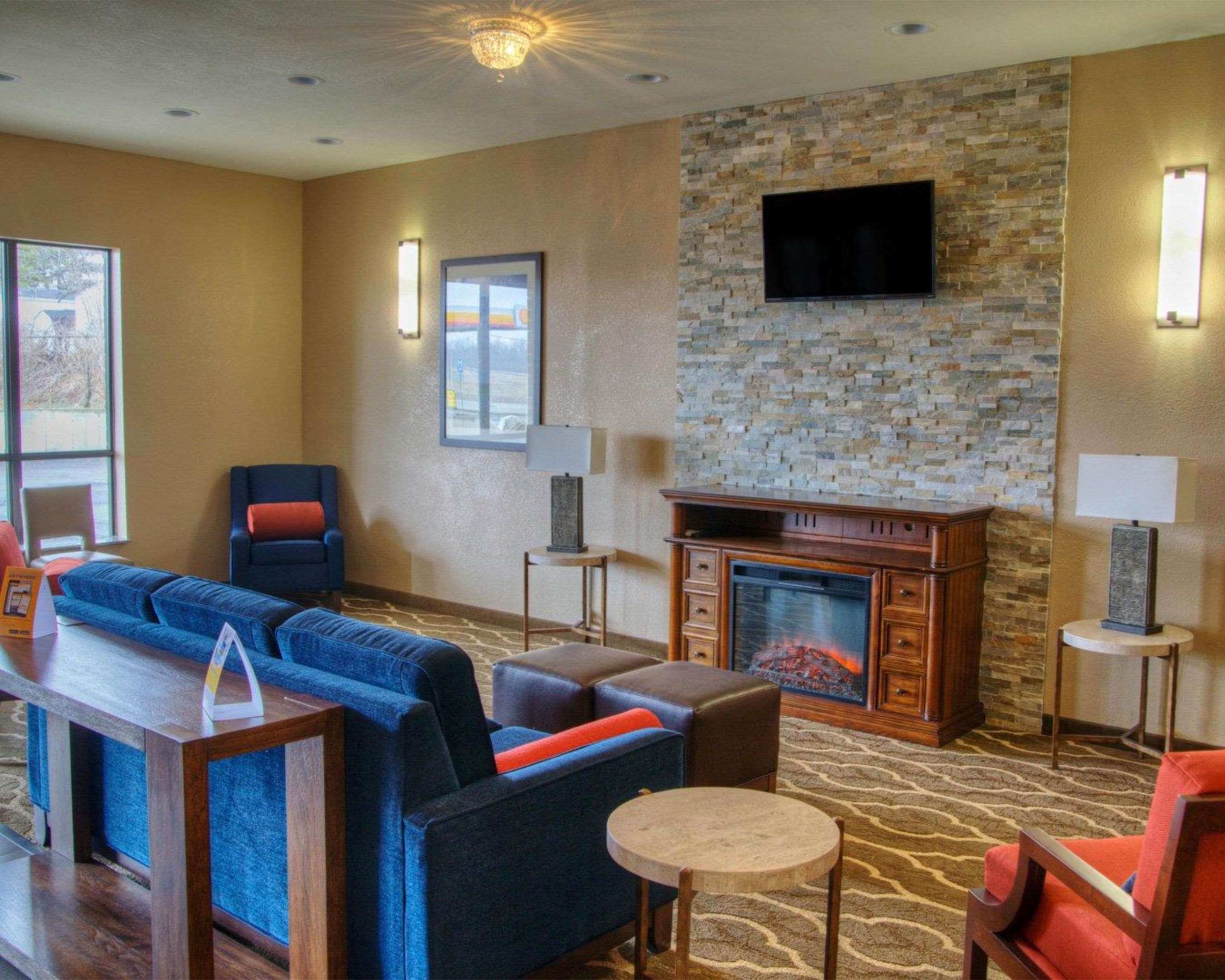 Lobby with fireplace