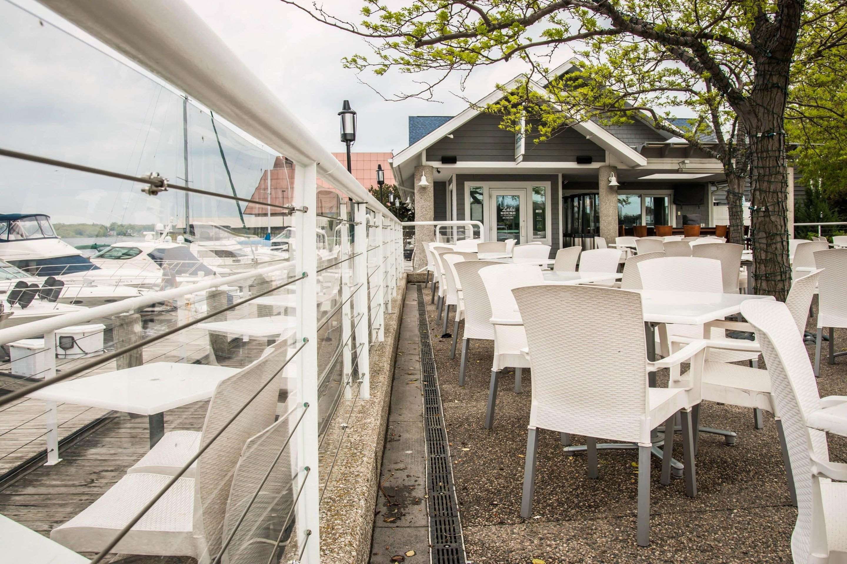 Hotel patio with lake view